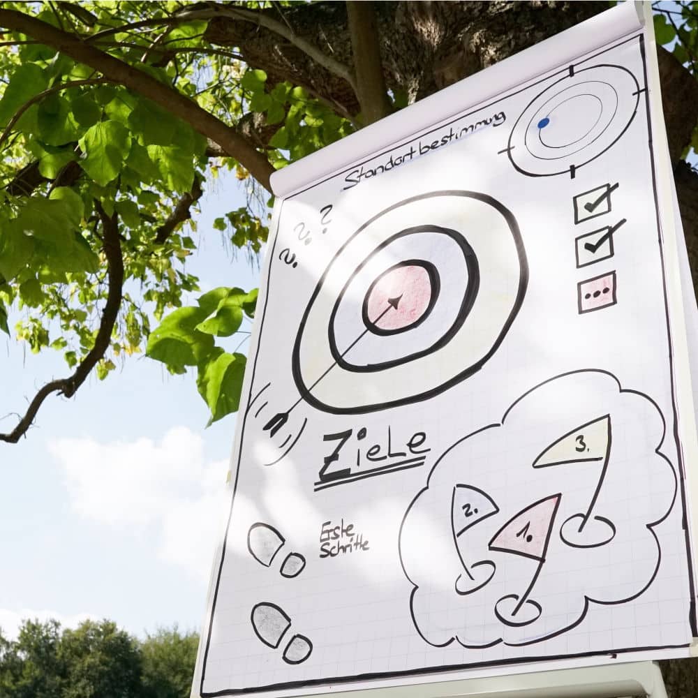fuehrungskraefteentwicklung-coaching_fuehrungskraefte-coaching_vom-mitarbieter-zur-fuehrungskraft Führungskräfteentwicklung Coaching, Führungskräfte Coaching, Zielscheibe auf Flipchart gemalt