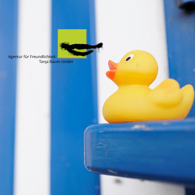 Organisationsentwicklung im Freizeitbad, Kundenzufriedenheit steigern, Badeente vor blauem Hintergrund